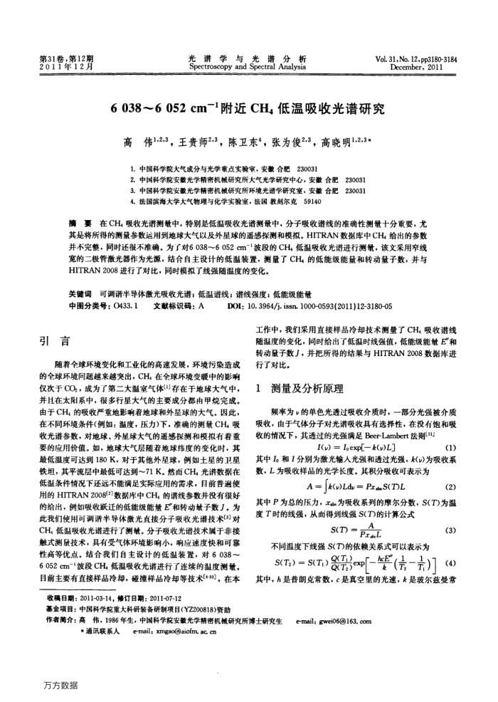 6038~6052cm-1附近CH4低温吸收光谱研究