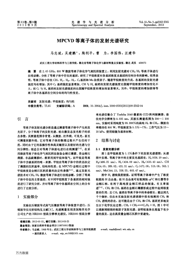 MPCVD等离子体的发射光谱研究
