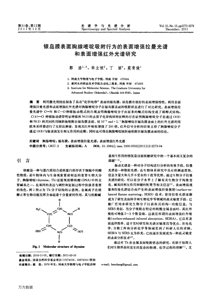 银岛膜表面胸腺嘧啶吸附行为的表面增强拉曼光谱和表面增强红外光谱研究