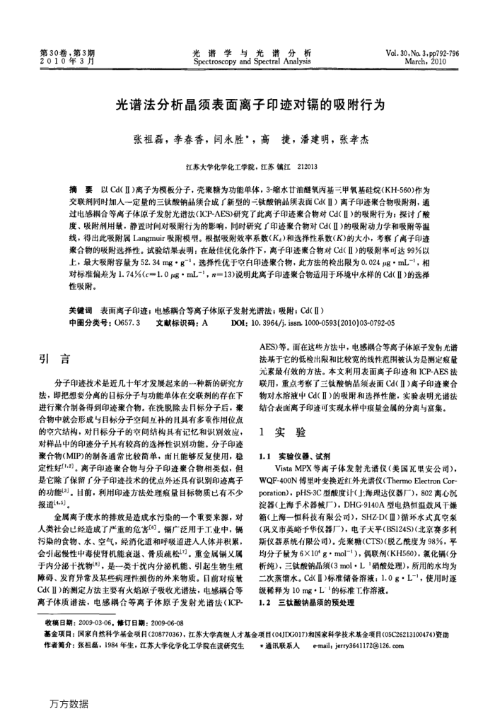 光谱法分析晶须表面离子印迹对镉的吸附行为