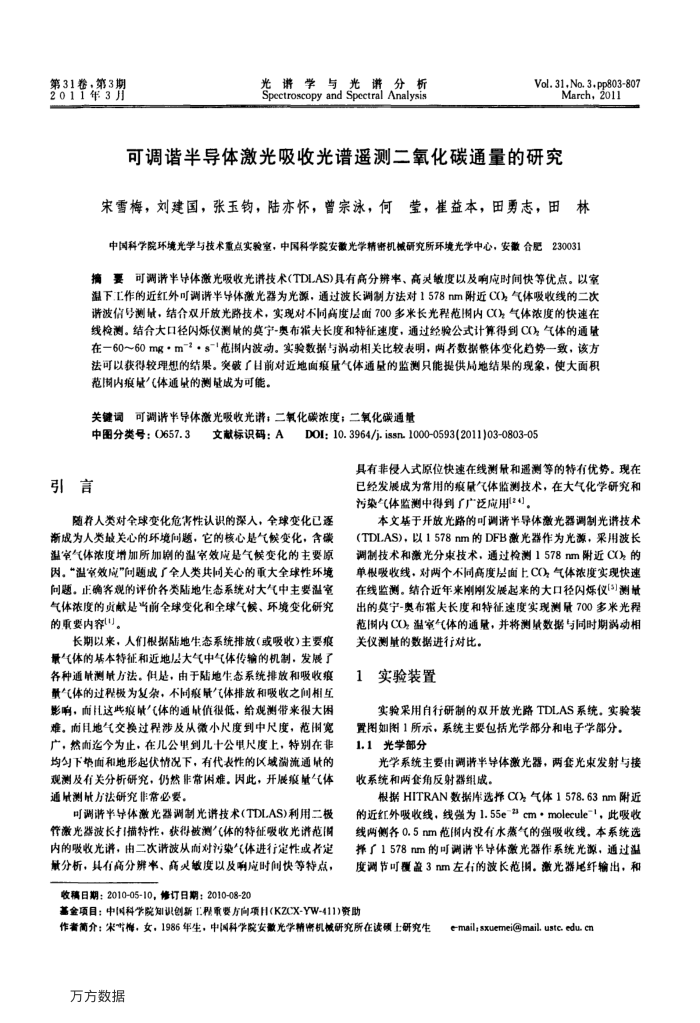 可调谐半导体激光吸收光谱遥测二氧化碳通量的研究