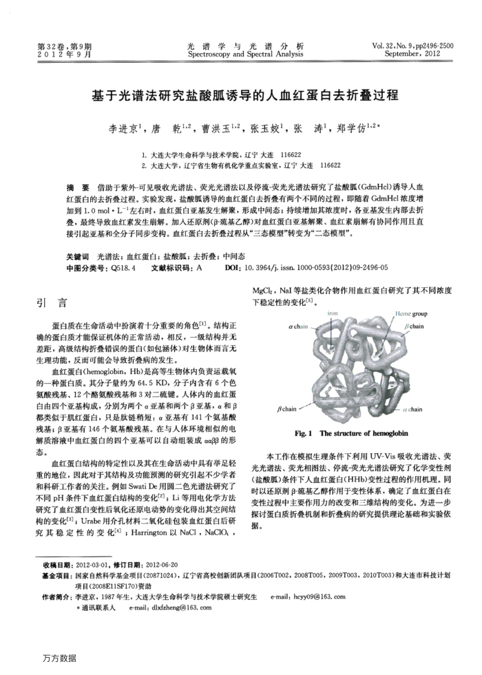 基于光谱法研究盐酸胍诱导的人血红蛋白去折叠过程
