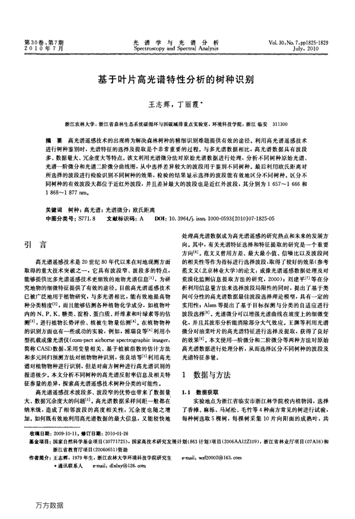 基于叶片高光谱特性分析的树种识别