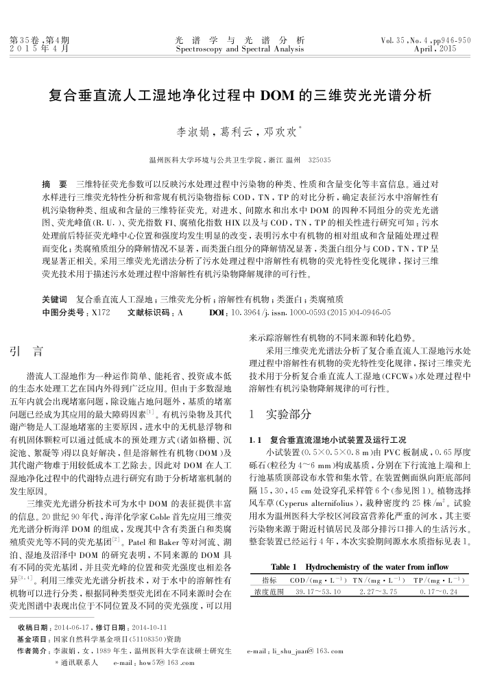 复合垂直流人工湿地净化过程中DOM的三维荧光光谱分析