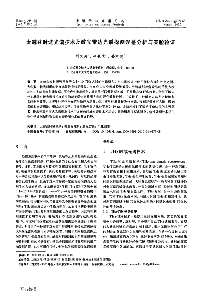 太赫兹时域光谱技术及激光雷达光谱探测误差分析与实验验证