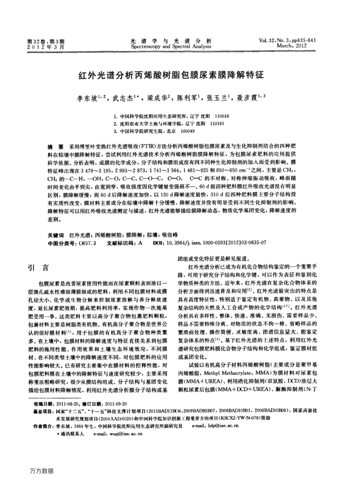 红外光谱分析丙烯酸树脂包膜尿素膜降解特征