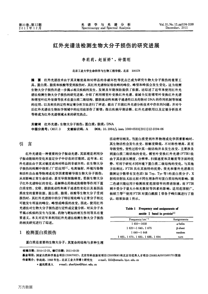 红外光谱法检测生物大分子损伤的研究进展