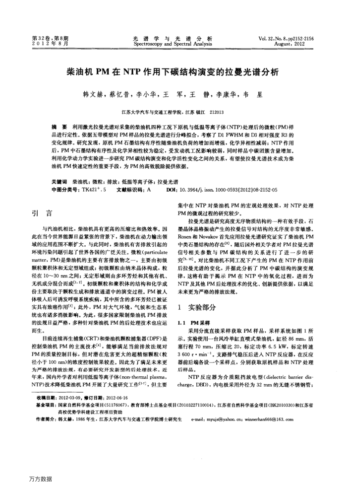 柴油机PM在NTP作用下碳结构演变的拉曼光谱分析