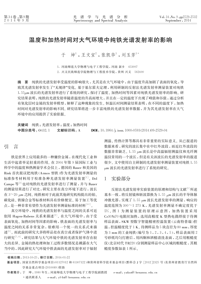 温度和加热时间对大气环境中纯铁光谱发射率的影响