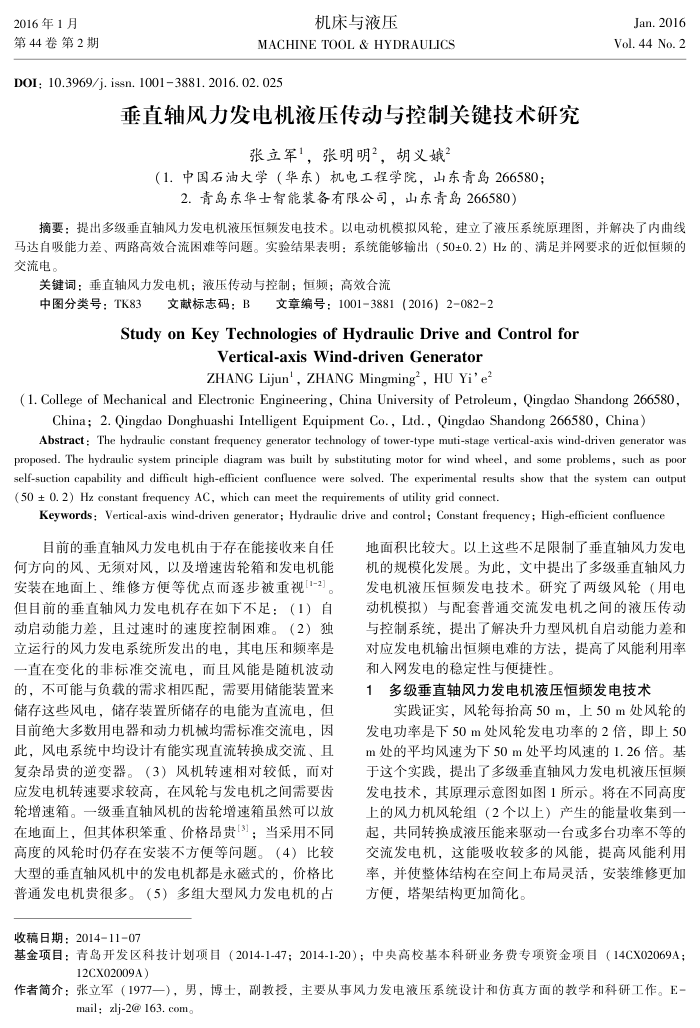 垂直轴风力发电机液压传动与控制关键技术研究