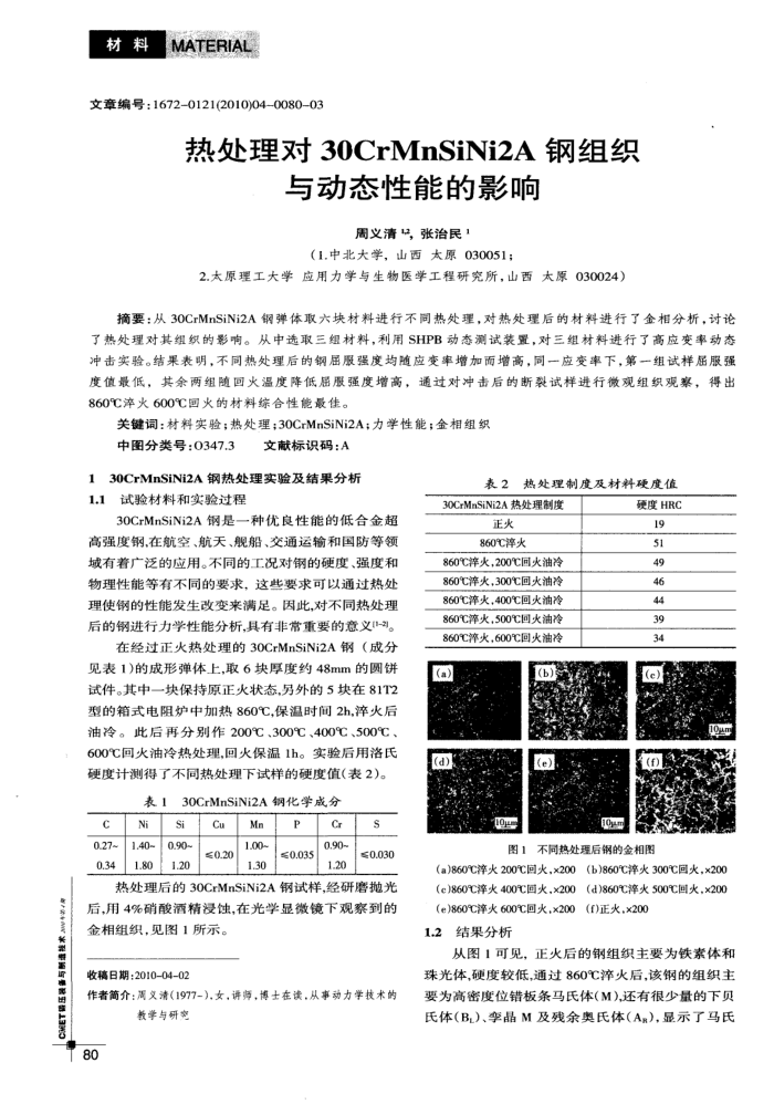 热处理对30CrMnSiNi2A钢组织与动态性能的影响