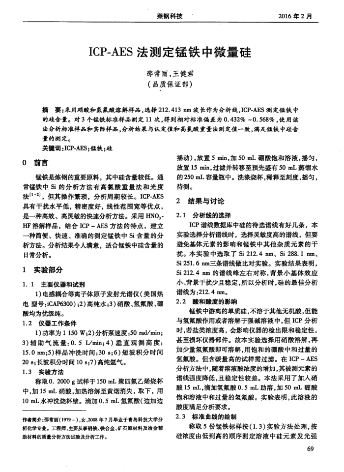 ICP-AES法测定锰铁中微量硅