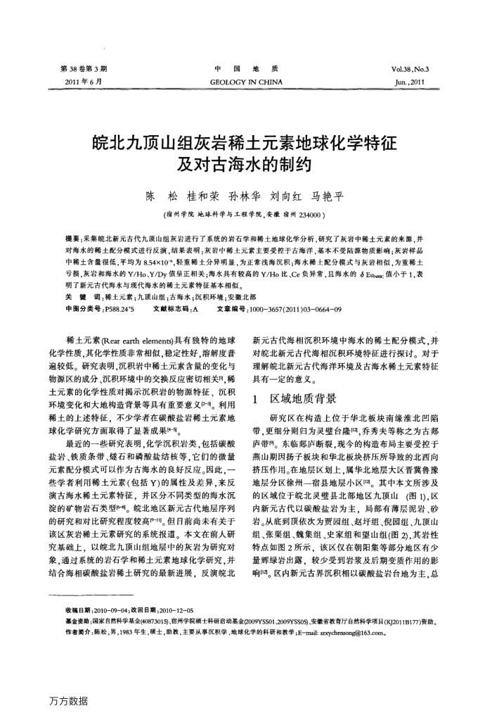 皖北九顶山组灰岩稀土元素地球化学特征及对古海水的制约