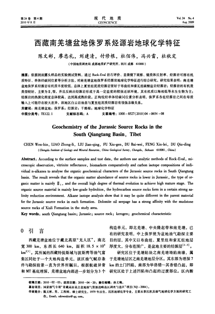 西藏南羌塘盆地侏罗系烃源岩地球化学特征