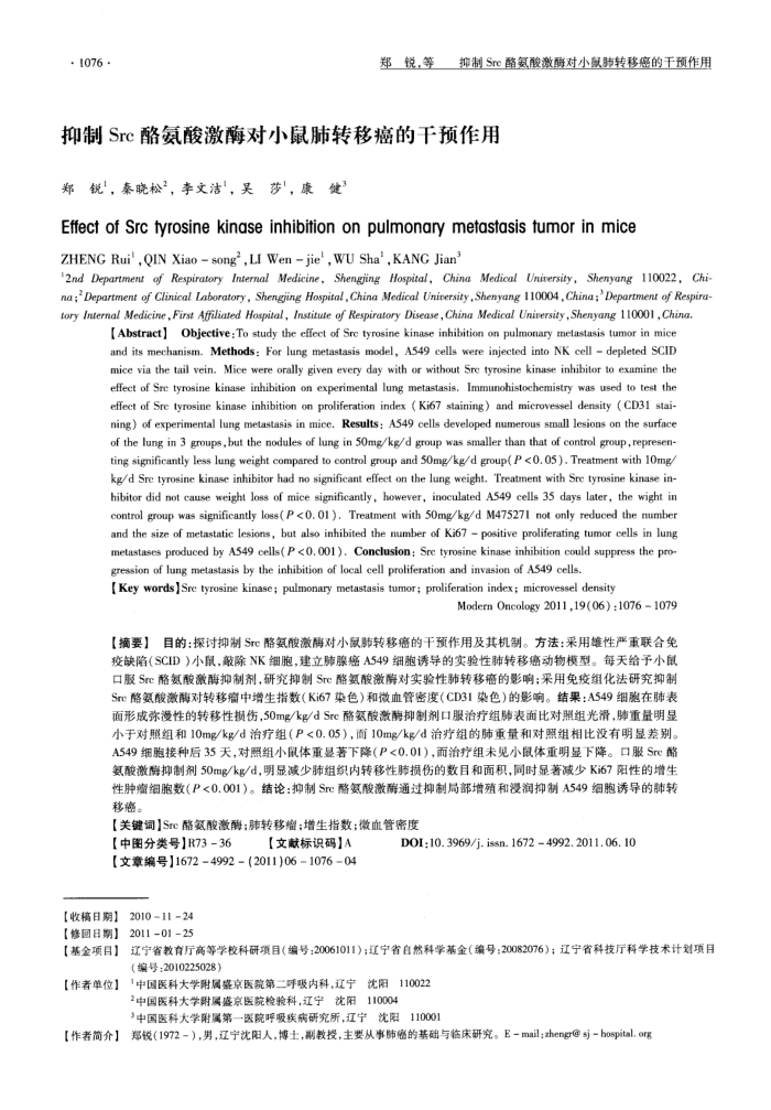 抑制Src酪氨酸激酶对小鼠肺转移癌的干预作用
