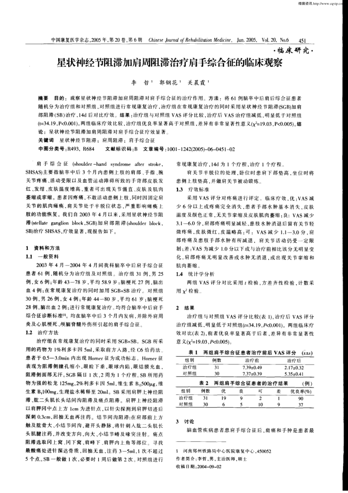 星状神经节阻滞加肩周阻滞治疗肩手综合征的临床观察