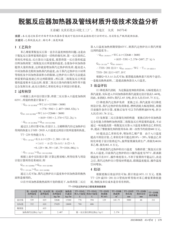 脱氢反应器加热器及管线材质升级技术效益分析