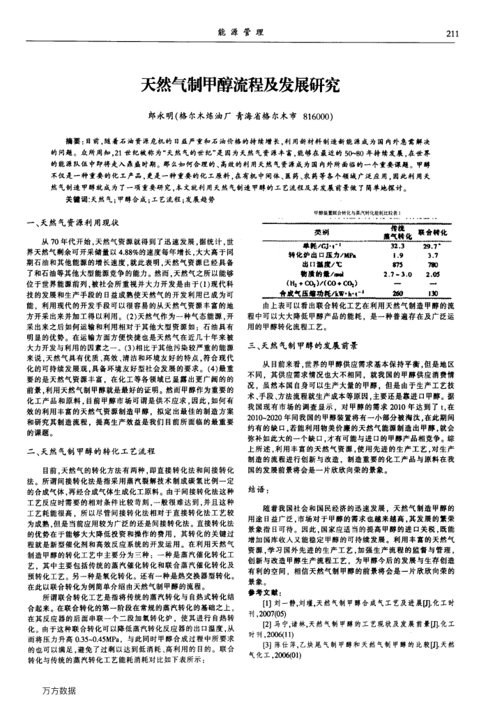 天然气制甲醇流程及发展研究