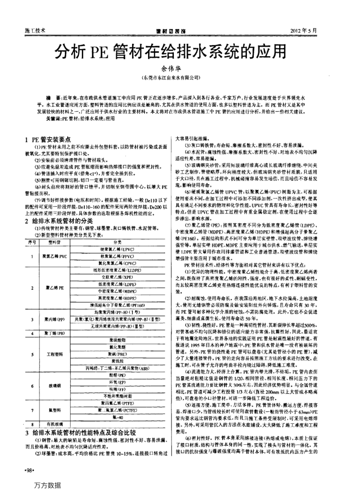 分析PE管材在给排水系统的应用
