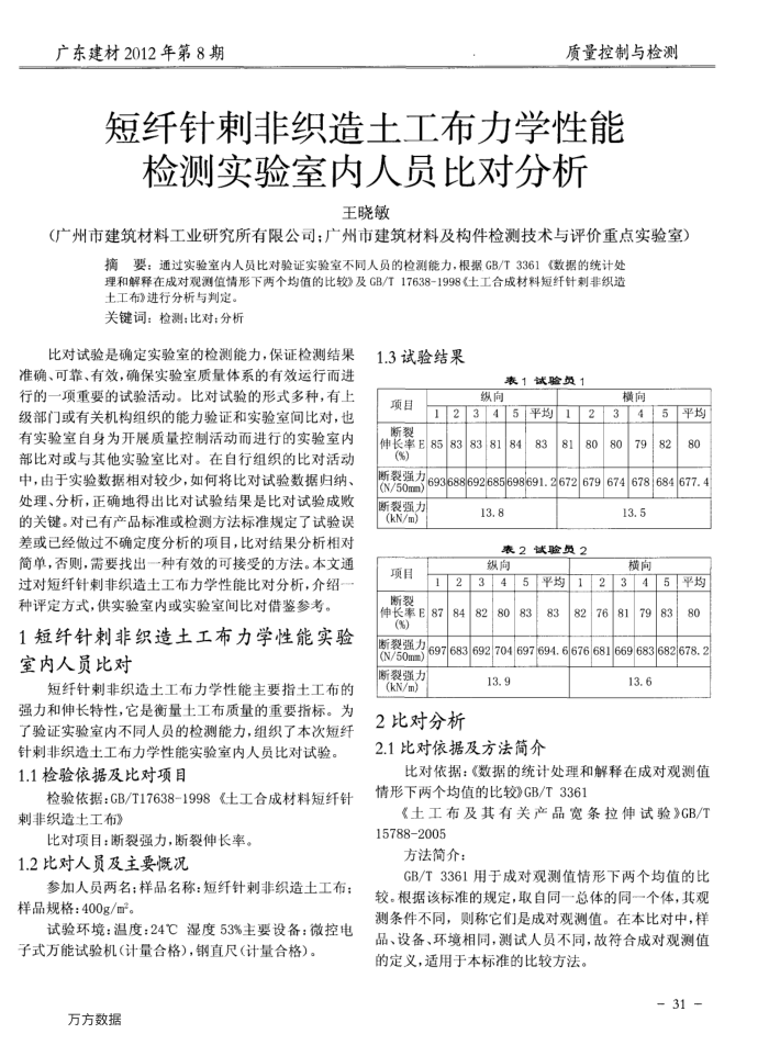 短纤针刺非织造土工布力学性能检测实验室内人员比对分析