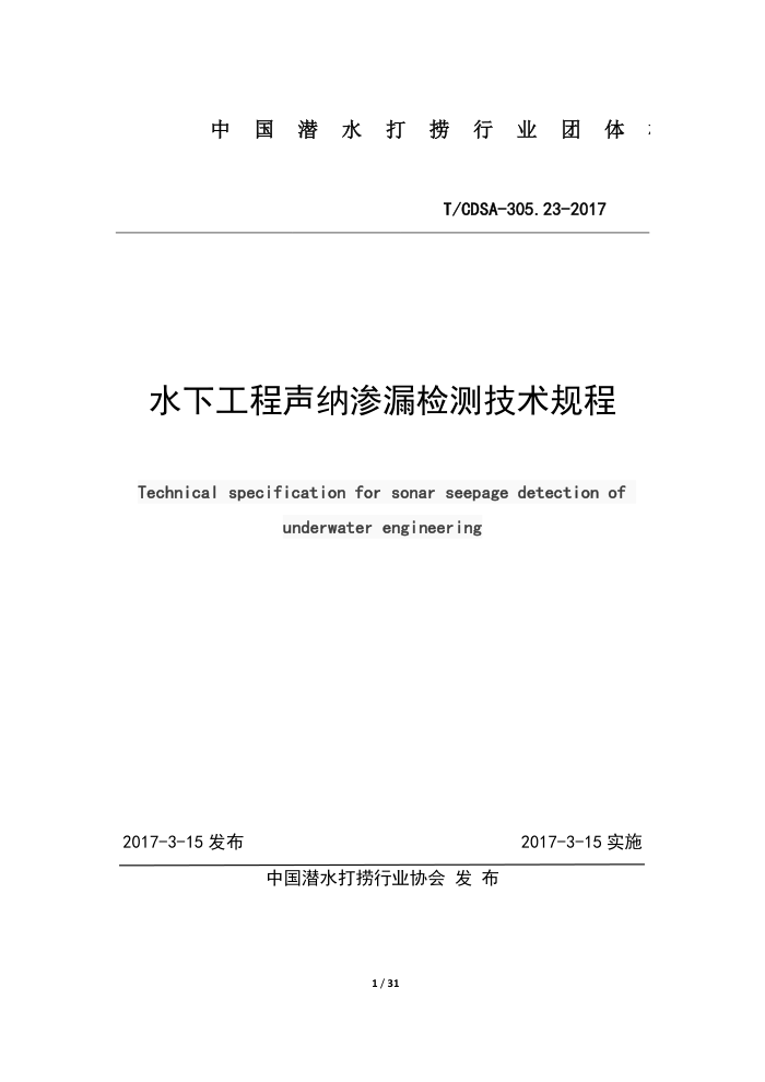 T/CDSA-305.23-2017 水下工程声纳渗漏检测技术规程