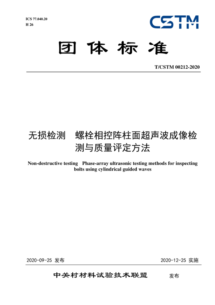 T/CSTM 00212-2020 无损检测螺栓相控阵柱面超声波成像检测与质量评定方法