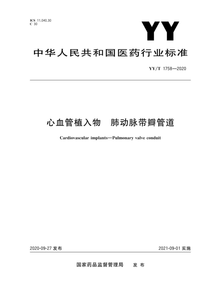 YY/T 1758-2020 心血管植入物肺动脉带瓣管道