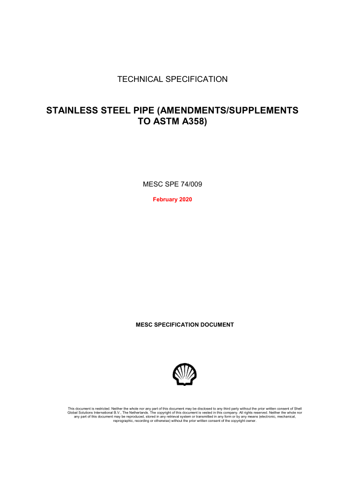 SPE 74-009-2020 STAINLESS STEEL PIPE (AMENDMENTS SUPPLEMENTS TO ASTM A358)