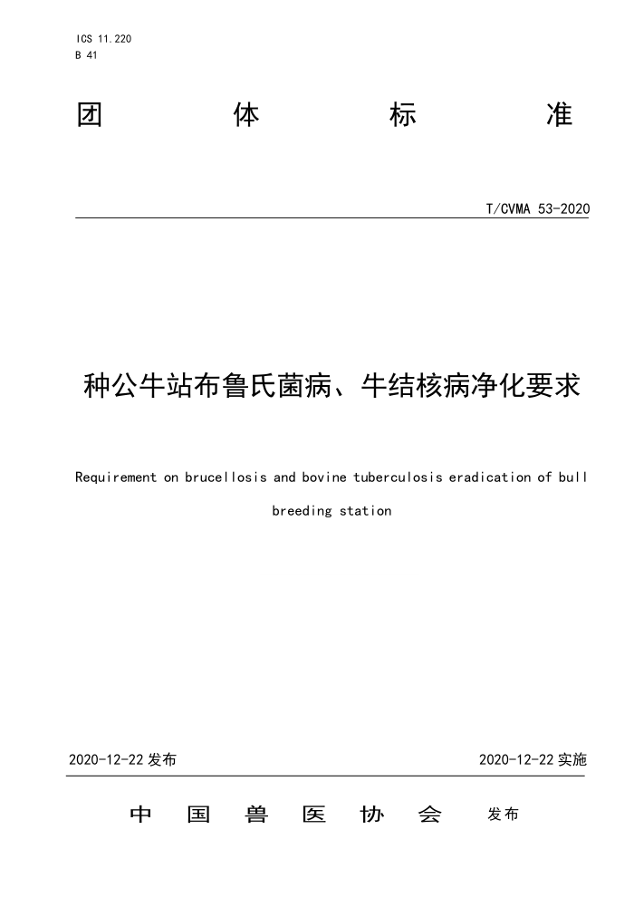 T/CVMA 53-2020 种公牛站布鲁氏菌病、牛结核病净化要求