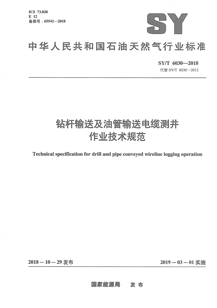 SYT 6030-2018 钻杆输送及油管输送电缆测井作业技术规范